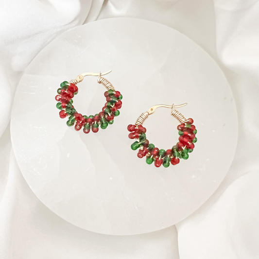 Red + Green Beaded Earring